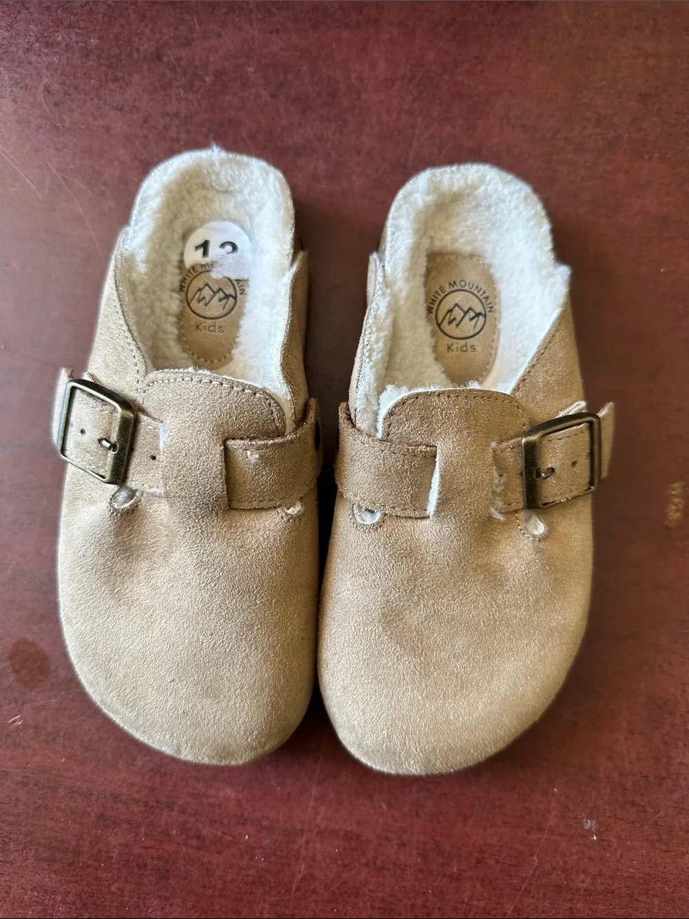 ##117, Girl size 13, White Mountain Tan Suede Kids Slip-On Clogs with Buckle